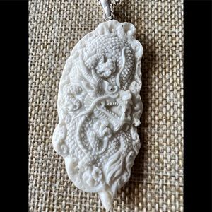 Dragon Bone Carved Pendent  on .925 Sterling Chain 16” Necklace